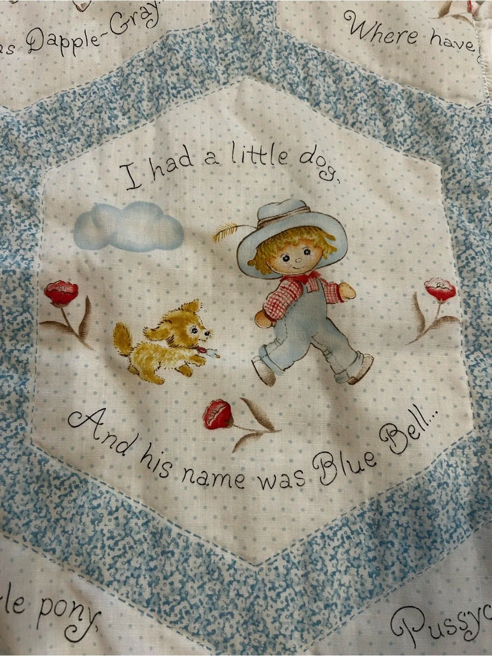 Vintage 80s baby blue and white blanket nursery rhyme spring mills hexagon 46x46